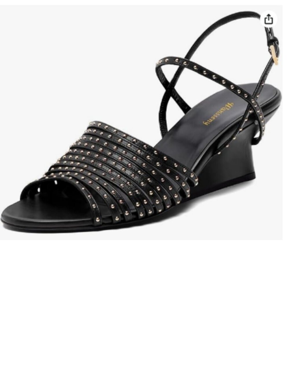 Wansseny Black Studded Strappy Open Toe Ankle Strap Buckle Wedge Heels Sandals
